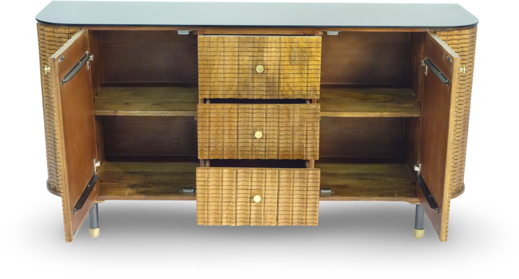 Brushed Grey Woven Rattan Storage Sideboard with Glass Top