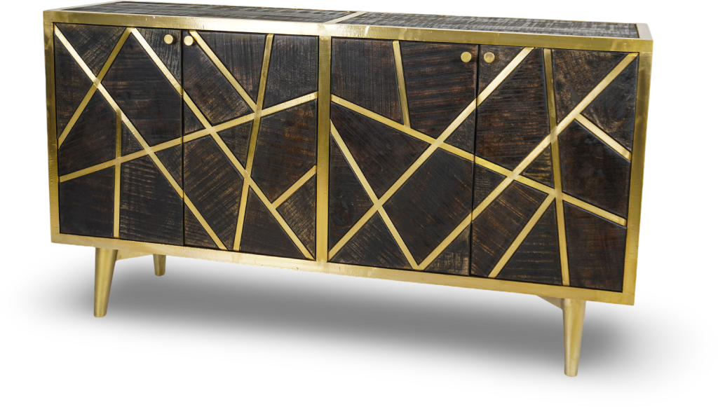 Brown Geometric Wood and Brass Sideboard