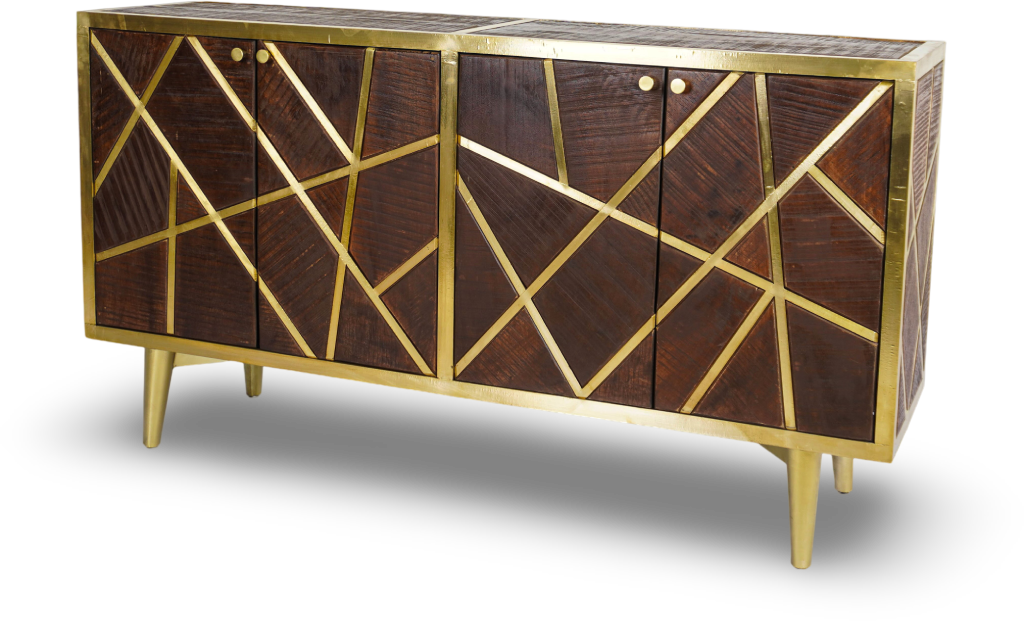 Brown Geometric Wood and Brass Sideboard