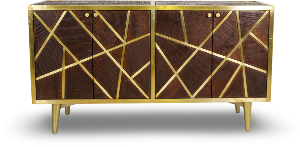 Brown Geometric Wood and Brass Sideboard