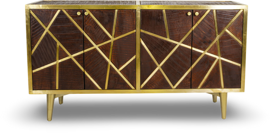 Brown Geometric Wood and Brass Sideboard