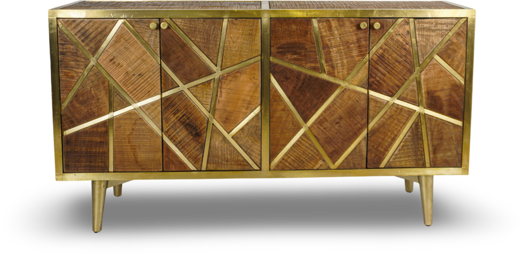 Brown Geometric Wood and Brass Sideboard