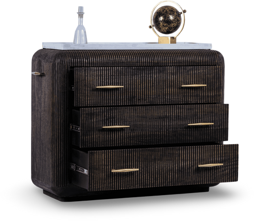 Ribbed Wooden Dresser with Brass Accents