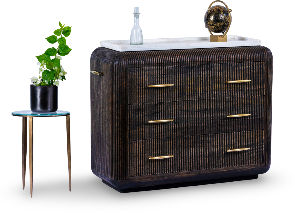 Ribbed Wooden Dresser with Brass Accents
