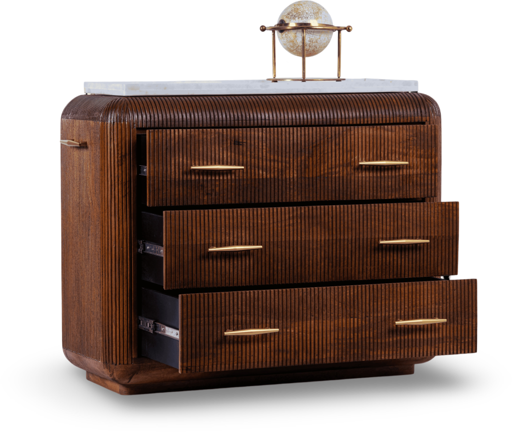 Ribbed Wooden Dresser with Brass Accents