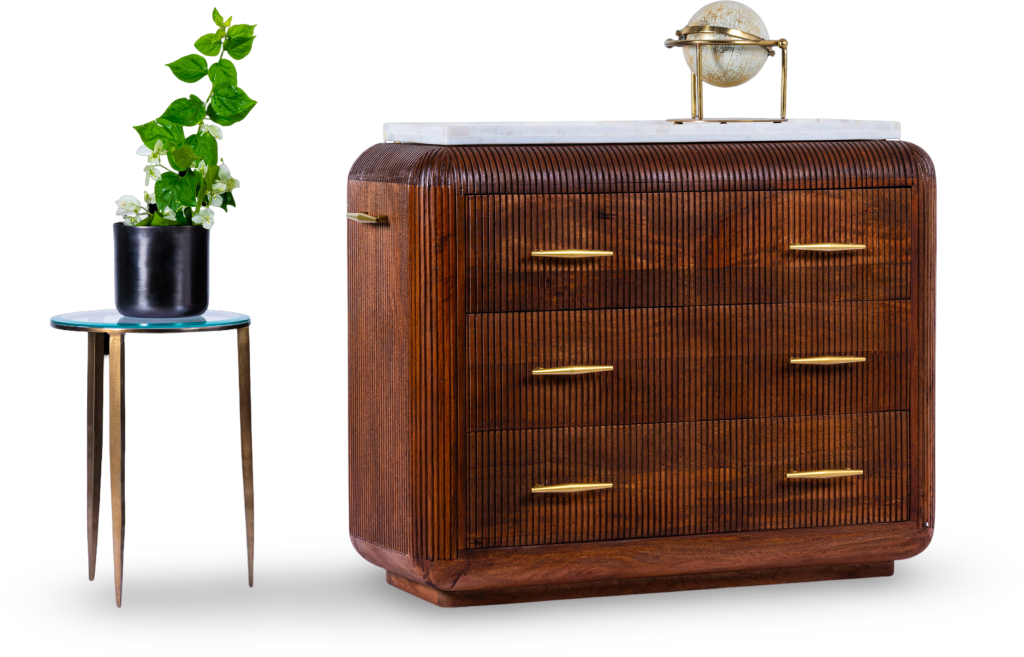 Ribbed Wooden Dresser with Brass Accents