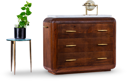 Ribbed Wooden Dresser with Brass Accents