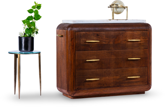 Ribbed Wooden Dresser with Brass Accents