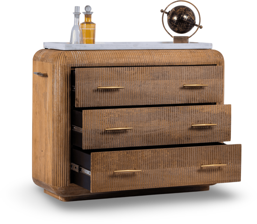 Ribbed Wooden Dresser with Brass Accents