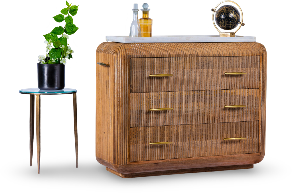 Ribbed Wooden Dresser with Brass Accents