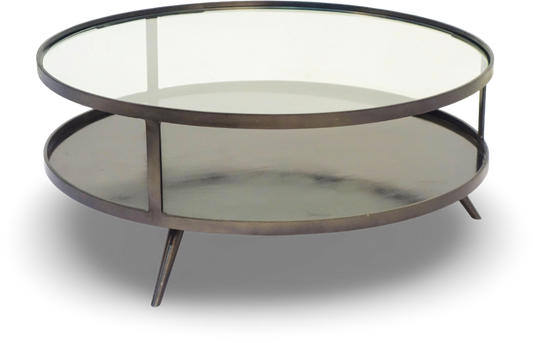 Round Metal Coffee Table with Glass Top and Shelf