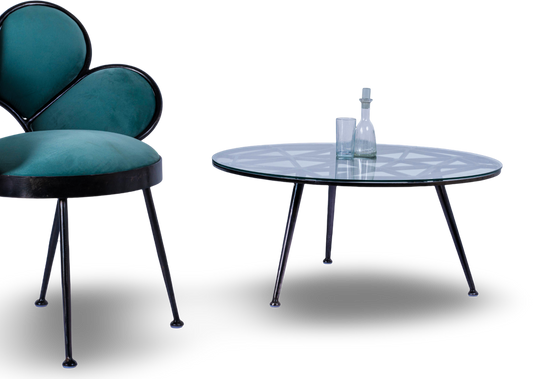 Round Glass Coffee Table with Black Metal Base