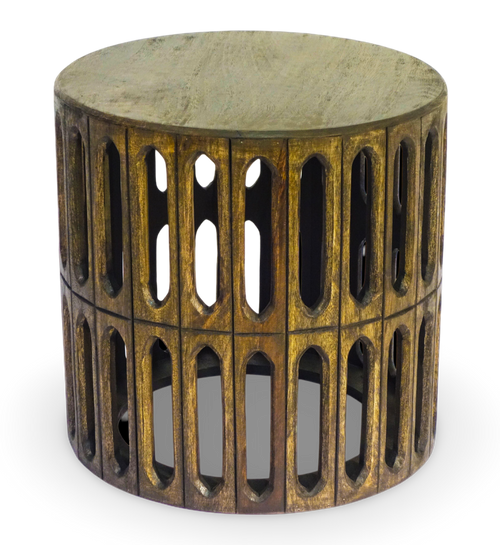 Carved Wooden Drum Side Table