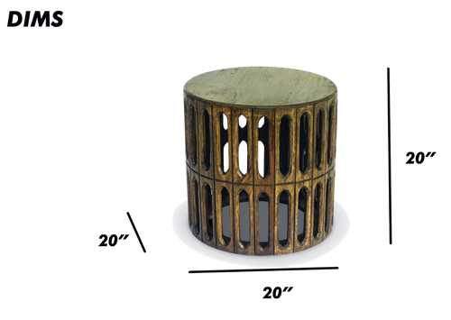 Carved Wooden Drum Side Table