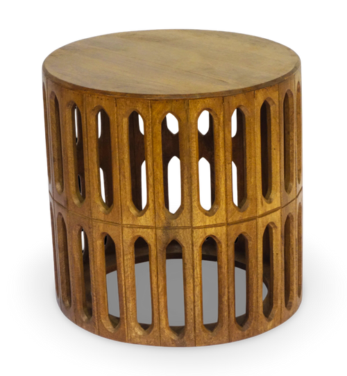 Carved Wooden Drum Side Table
