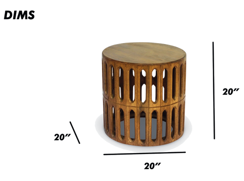 Carved Wooden Drum Side Table