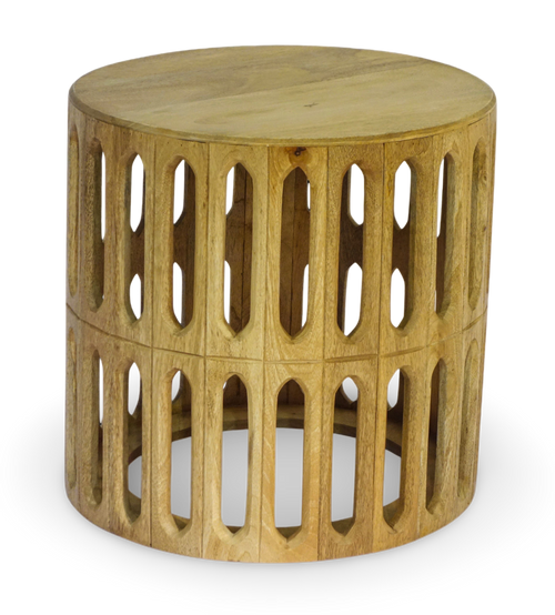 Carved Wooden Drum Side Table